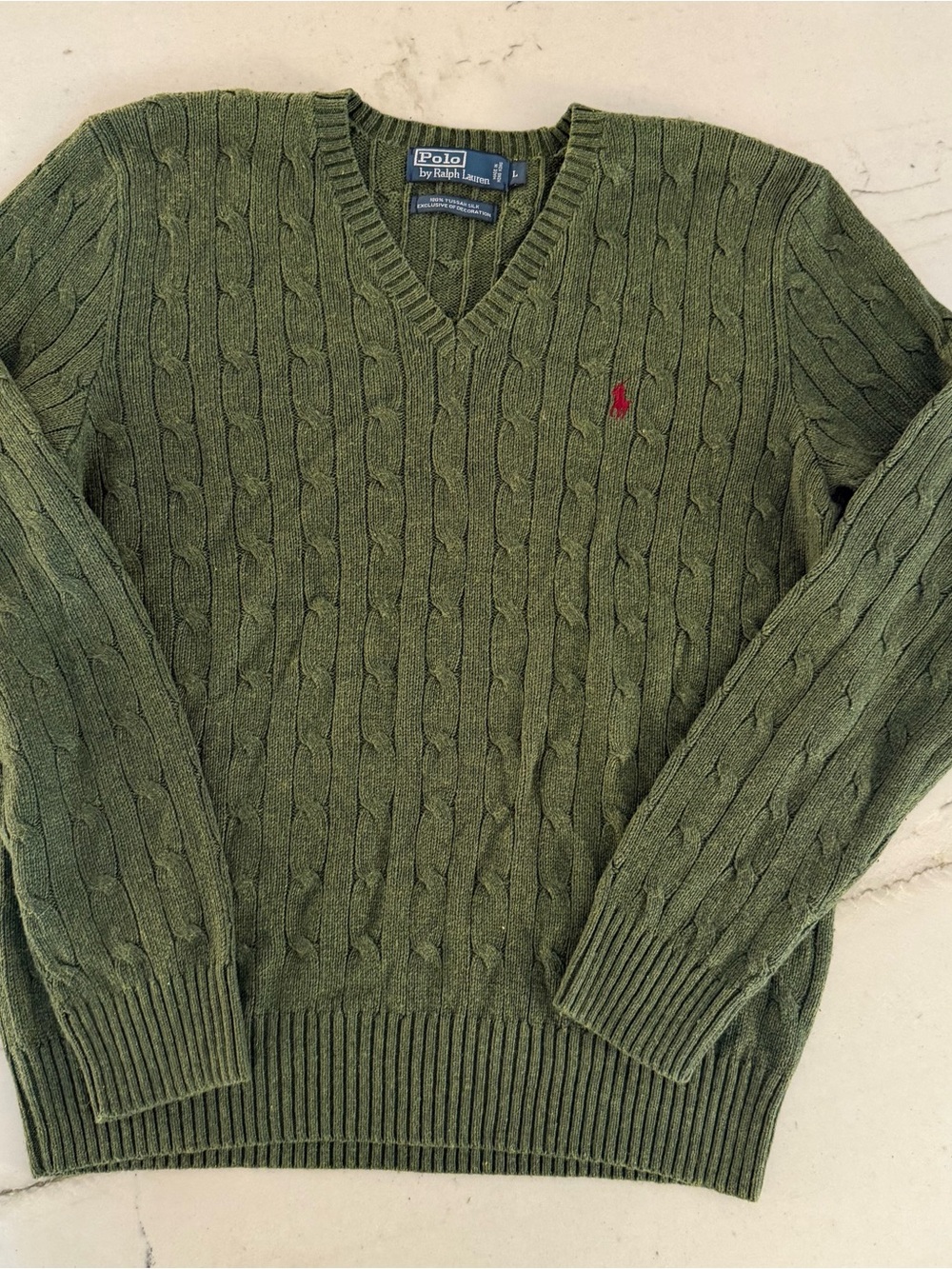 Polo Ralph Lauren Sweater Men's L Green Tussah Silk Cable Knit V-Neck Preppy